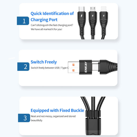 ENKAY 6-in-1 5A USB / Type-C to Type-C / 8 Pin / Micro USB Multifunction Fast Charging Cable, Cable Length:1m(Black)