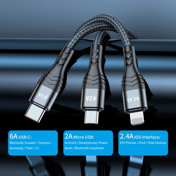 ENKAY 3-in-1 6A USB to Type-C / 8 Pin / Micro USB Multifunction Fast Charging Cable, Cable Length:1m(Black)