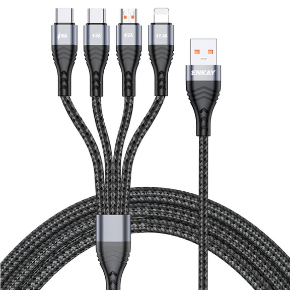 ENKAY 4-in-1 6A USB-A to Type-C / 8 Pin / Micro USB Multifunction Fast Charging Cable, Cable Length:1m(Grey)