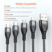 ENKAY 4-in-1 6A USB-A to Type-C / 8 Pin / Micro USB Multifunction Fast Charging Cable, Cable Length:2m(Black)