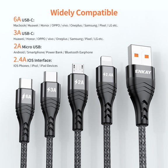 ENKAY 4-in-1 6A USB-A to Type-C / 8 Pin / Micro USB Multifunction Fast Charging Cable, Cable Length:2m(Black)
