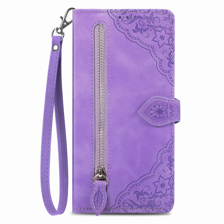 For T-Mobile REVVL V+ 5G Embossed Flower Zipper Leather Phone Case(Purple)