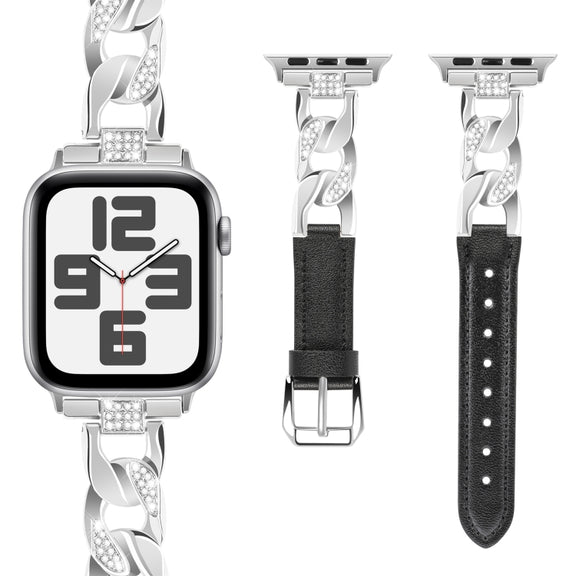 For Apple Watch Series 9 45mm Rhinestone Denim Chain Leather Watch Band(Black)