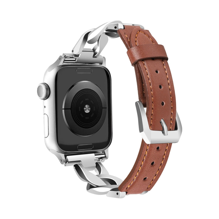 For Apple Watch Series 9 45mm Rhinestone Denim Chain Leather Watch Band(Brown)