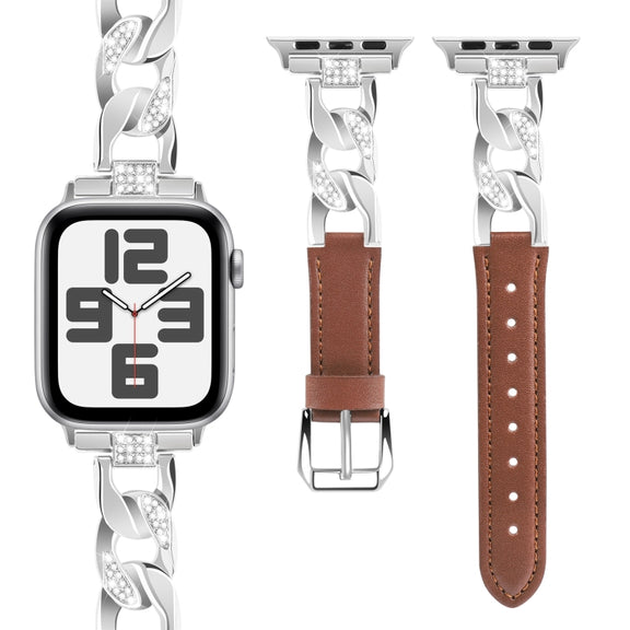 For Apple Watch Series 9 45mm Rhinestone Denim Chain Leather Watch Band(Brown)