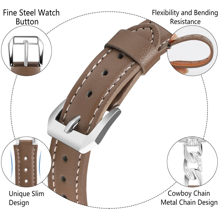 For Apple Watch Ultra 49mm Rhinestone Denim Chain Leather Watch Band(Dark Brown)