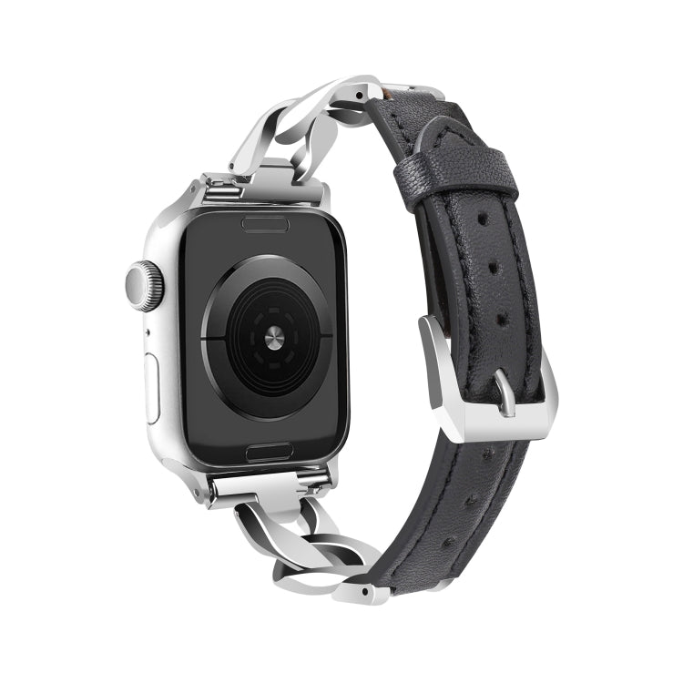 For Apple Watch SE 2022 44mm Rhinestone Denim Chain Leather Watch Band(Black)