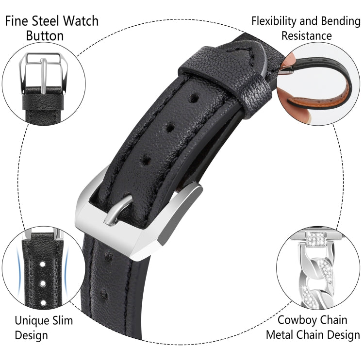 For Apple Watch SE 2022 44mm Rhinestone Denim Chain Leather Watch Band(Black)