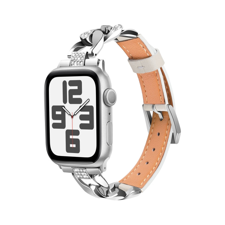 For Apple Watch SE 2022 44mm Rhinestone Denim Chain Leather Watch Band(Beige)