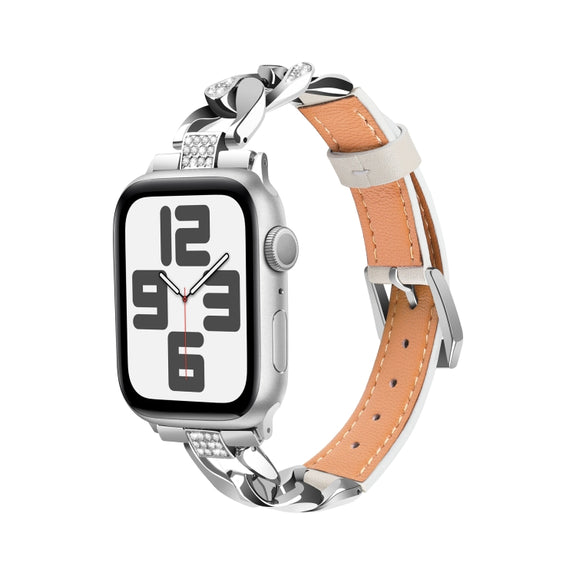 For Apple Watch SE 2022 44mm Rhinestone Denim Chain Leather Watch Band(Beige)