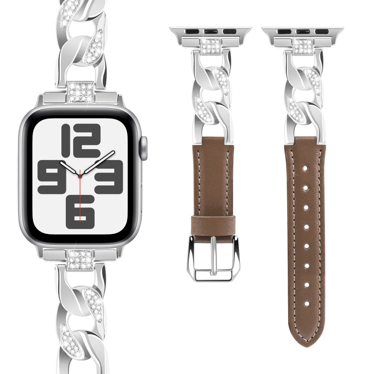 For Apple Watch SE 2022 44mm Rhinestone Denim Chain Leather Watch Band(Dark Brown)