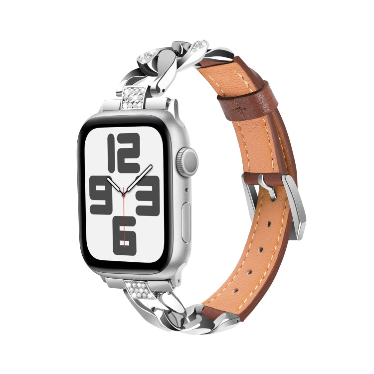 For Apple Watch Series 7 45mm Rhinestone Denim Chain Leather Watch Band(Brown)