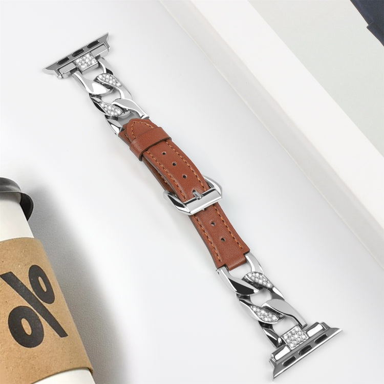 For Apple Watch Series 7 45mm Rhinestone Denim Chain Leather Watch Band(Brown)