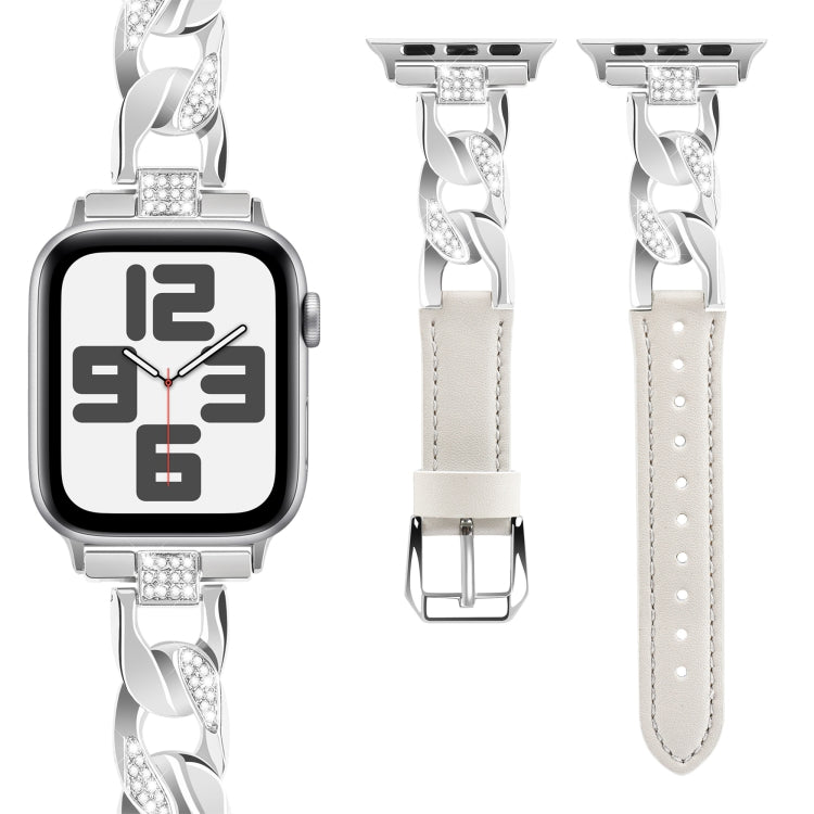 For Apple Watch Series 6 40mm Rhinestone Denim Chain Leather Watch Band(Beige)