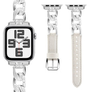 For Apple Watch Series 6 40mm Rhinestone Denim Chain Leather Watch Band(Beige)