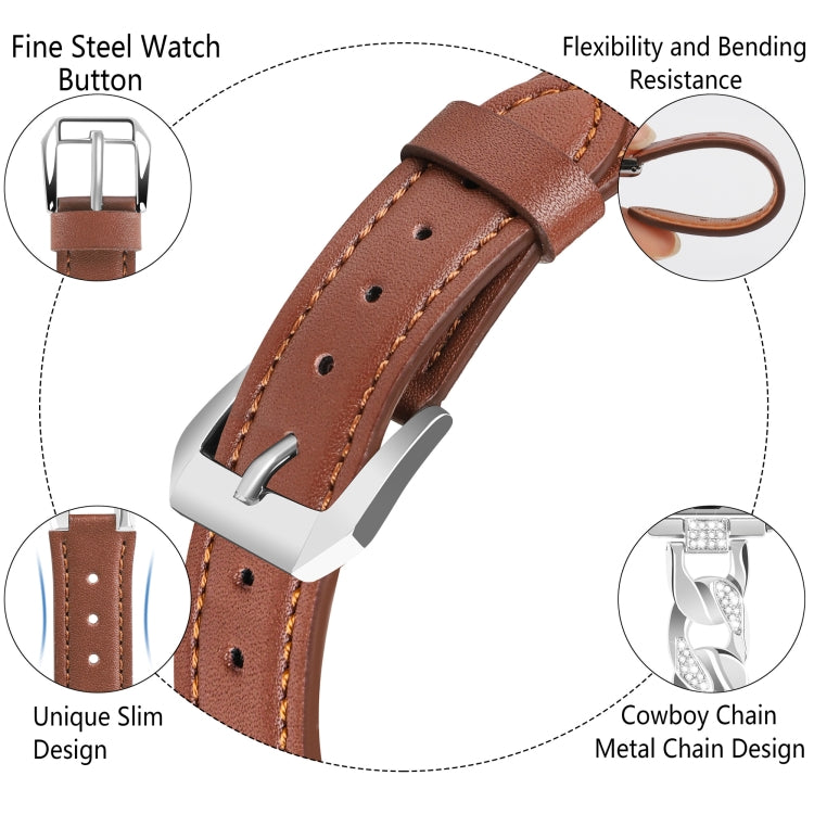 For Apple Watch Series 4 44mm Rhinestone Denim Chain Leather Watch Band(Brown)