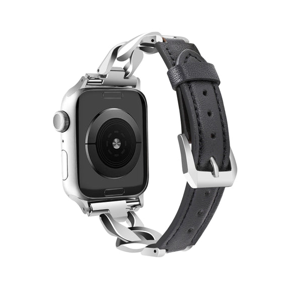 For Apple Watch Series 4 40mm Rhinestone Denim Chain Leather Watch Band(Black)