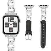 For Apple Watch Series 4 40mm Rhinestone Denim Chain Leather Watch Band(Black)