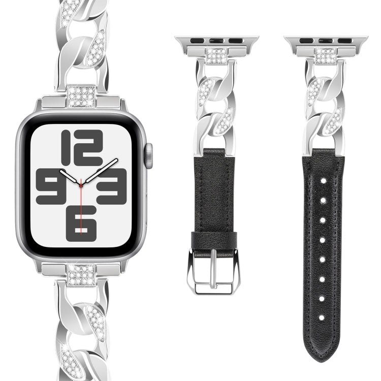 For Apple Watch Series 4 40mm Rhinestone Denim Chain Leather Watch Band(Black)