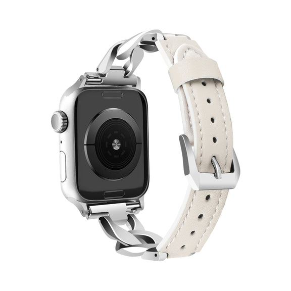 For Apple Watch Series 4 40mm Rhinestone Denim Chain Leather Watch Band(Beige)