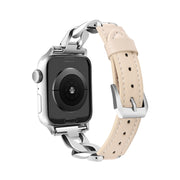 For Apple Watch Series 4 40mm Rhinestone Denim Chain Leather Watch Band(Apricot)