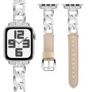 For Apple Watch Series 4 40mm Rhinestone Denim Chain Leather Watch Band(Apricot)