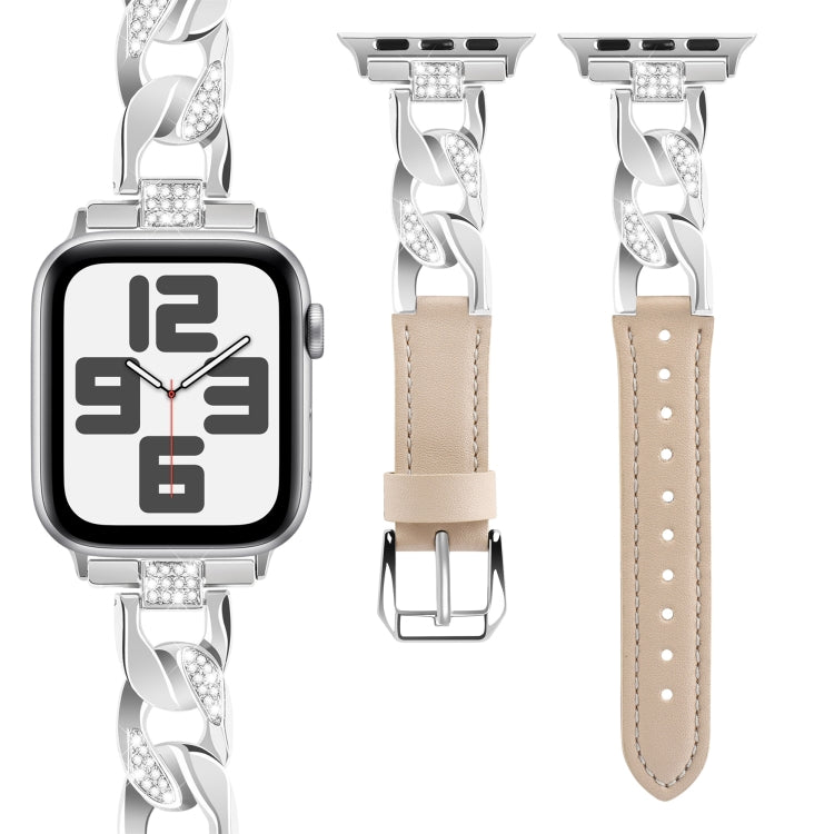 For Apple Watch Series 4 40mm Rhinestone Denim Chain Leather Watch Band(Apricot)