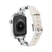 For Apple Watch Series 3 42mm Rhinestone Denim Chain Leather Watch Band(Beige)