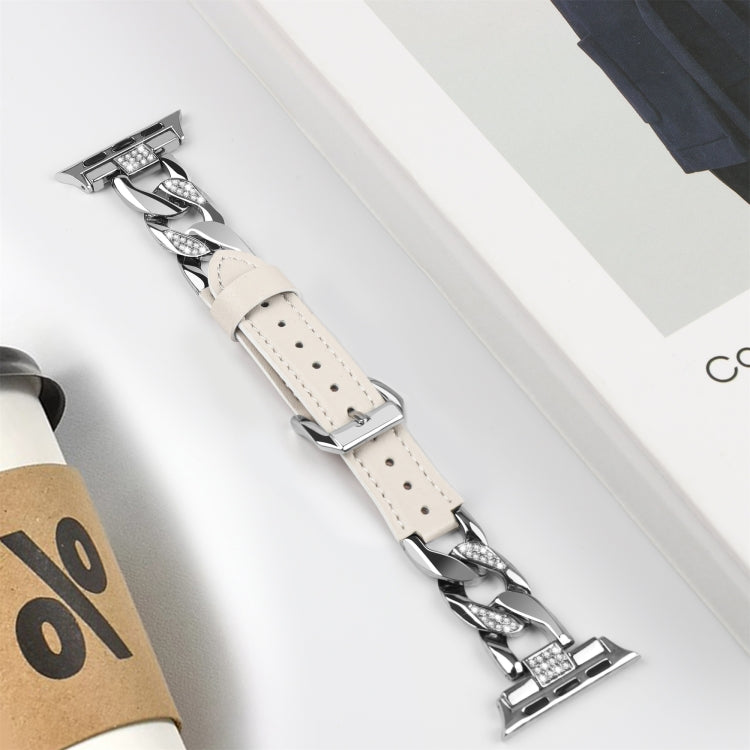 For Apple Watch Series 3 42mm Rhinestone Denim Chain Leather Watch Band(Beige)