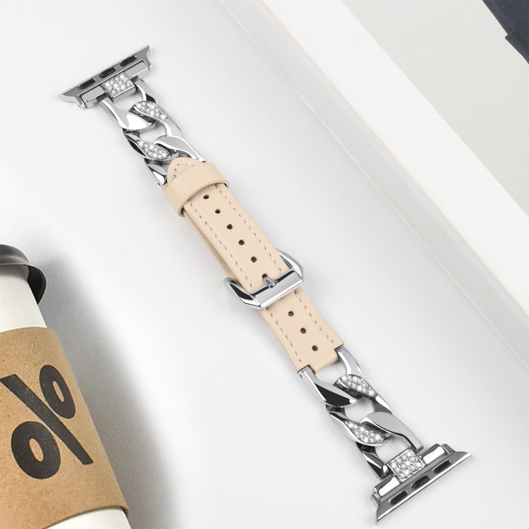 For Apple Watch Series 3 42mm Rhinestone Denim Chain Leather Watch Band(Apricot)