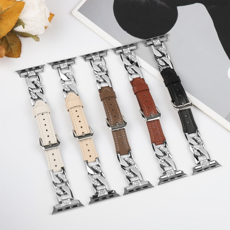 For Apple Watch Series 4 44mm Rhinestone Denim Chain Leather Watch Band(Brown)