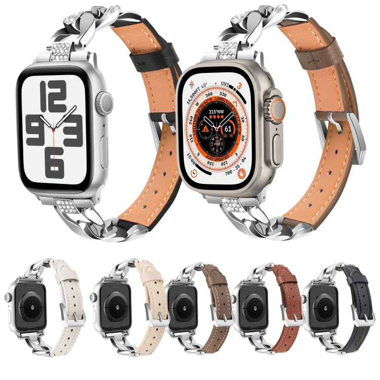 For  Apple Watch Series 8 41mm Rhinestone Denim Chain Leather Watch Band(Brown)
