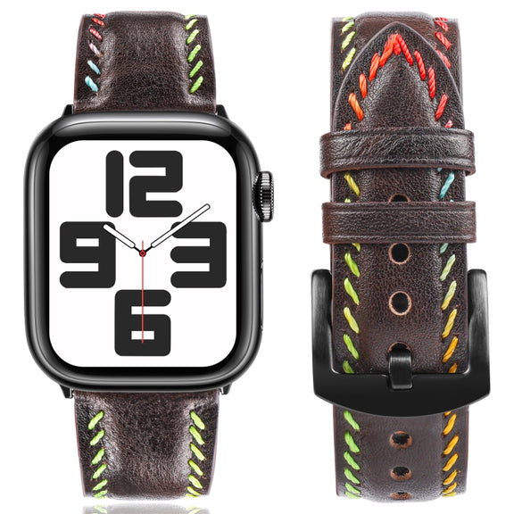 For Apple Watch Ultra 2 49mm Colorful Sewing Thread Leather Watch Band(Dark Brown)