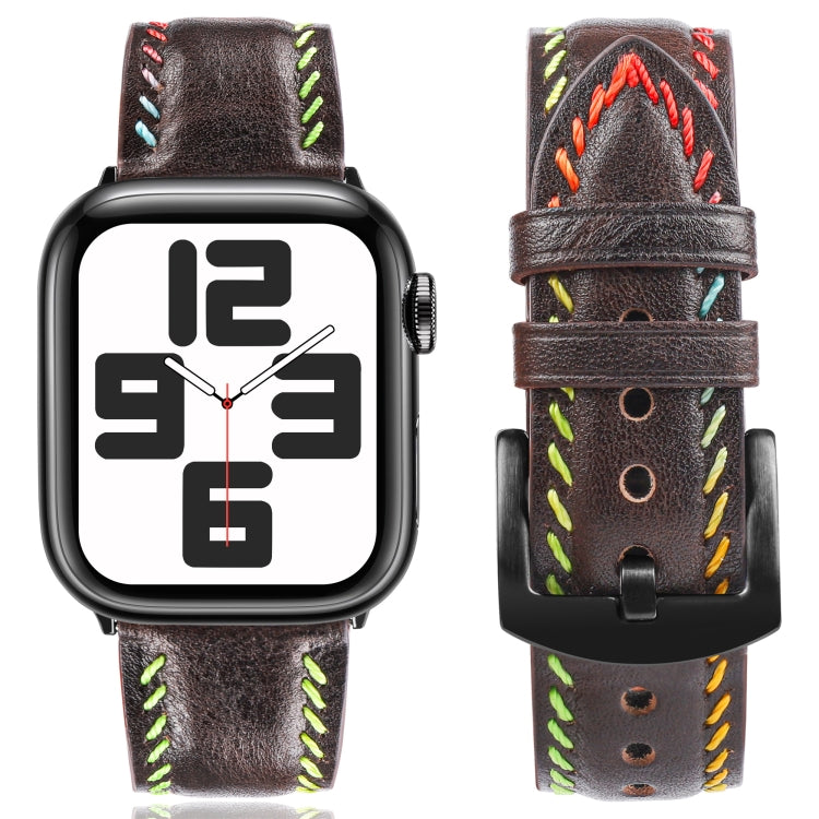 For Apple Watch Ultra 2 49mm Colorful Sewing Thread Leather Watch Band(Dark Brown)
