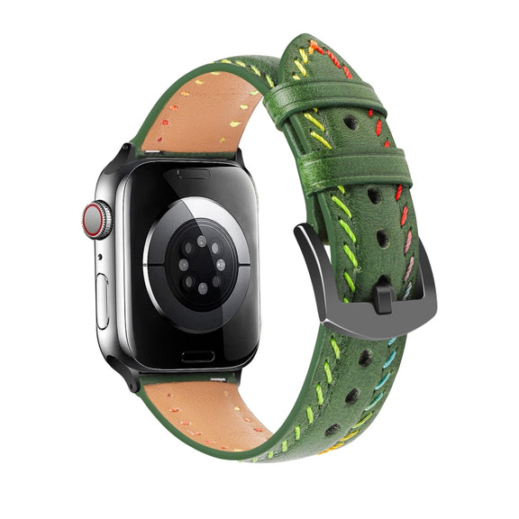 For Apple Watch Ultra 2 49mm Colorful Sewing Thread Leather Watch Band(Green)