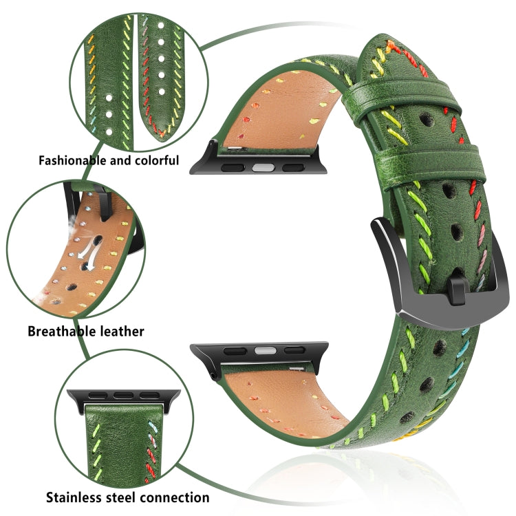 For Apple Watch Ultra 2 49mm Colorful Sewing Thread Leather Watch Band(Green)