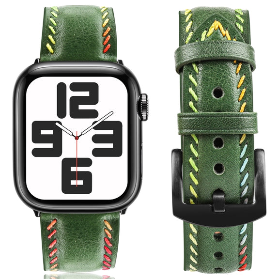 For Apple Watch Ultra 2 49mm Colorful Sewing Thread Leather Watch Band(Green)