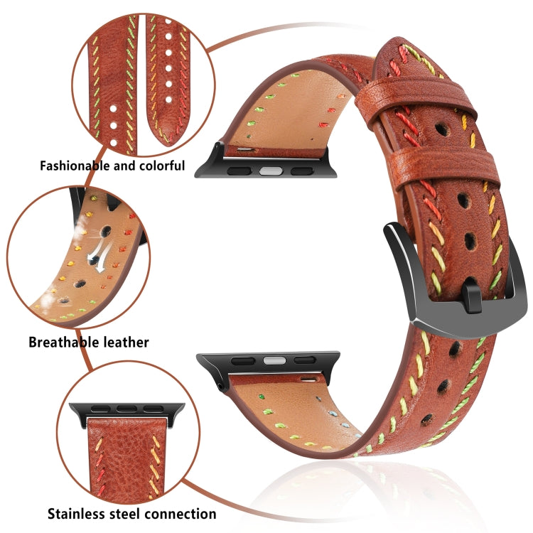 For Apple Watch Ultra 2 49mm Colorful Sewing Thread Leather Watch Band(Brown)