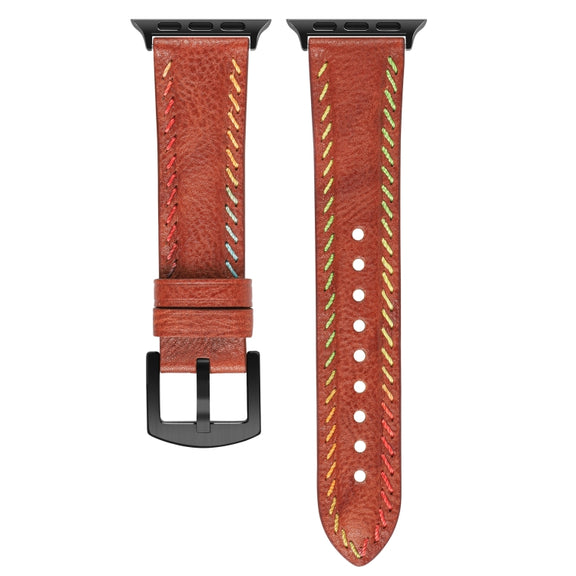 For Apple Watch Ultra 2 49mm Colorful Sewing Thread Leather Watch Band(Brown)