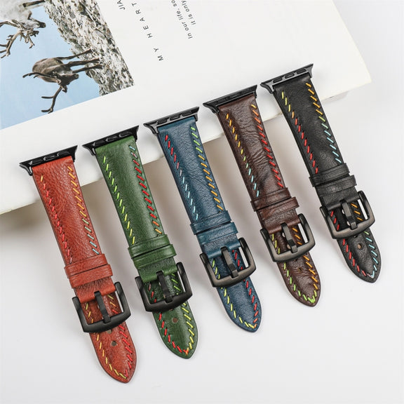 For Apple Watch Ultra 2 49mm Colorful Sewing Thread Leather Watch Band(Dark Brown)