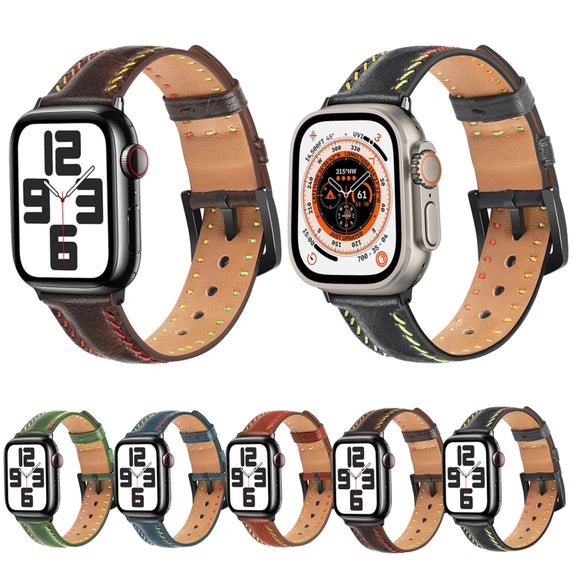 For Apple Watch Ultra 2 49mm Colorful Sewing Thread Leather Watch Band(Blue)