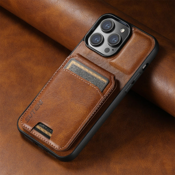 For iPhone 15 Suteni H02 Leather Wallet Stand Back Phone Case(Brown)