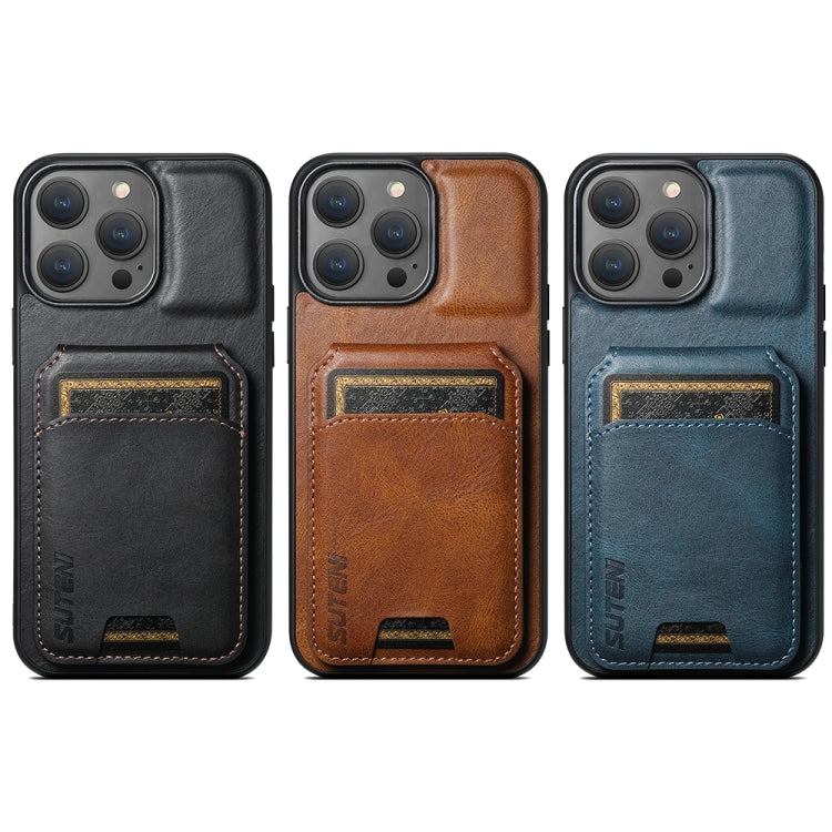 For iPhone 15 Suteni H02 Leather Wallet Stand Back Phone Case(Brown)