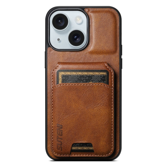 For iPhone 15 Suteni H02 Leather Wallet Stand Back Phone Case(Brown)