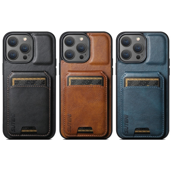 For iPhone 15 Suteni H02 Leather Wallet Stand Back Phone Case(Brown)