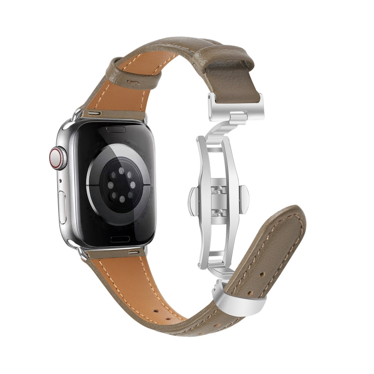 For Apple Watch SE 2023 44mm Plain Leather Butterfly Buckle Watch Band(Gray+Silver)