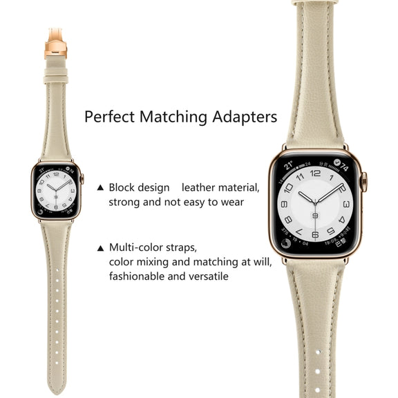 For Apple Watch SE 2023 44mm Plain Leather Butterfly Buckle Watch Band(Beige+Rose Gold)
