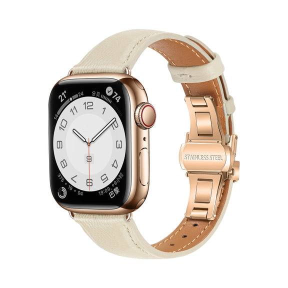 For Apple Watch SE 2023 44mm Plain Leather Butterfly Buckle Watch Band(Beige+Rose Gold)
