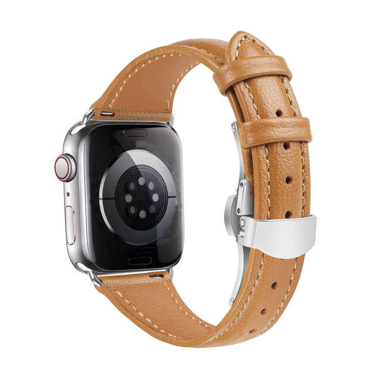 For Apple Watch SE 2023 40mm Plain Leather Butterfly Buckle Watch Band(Brown+Silver)