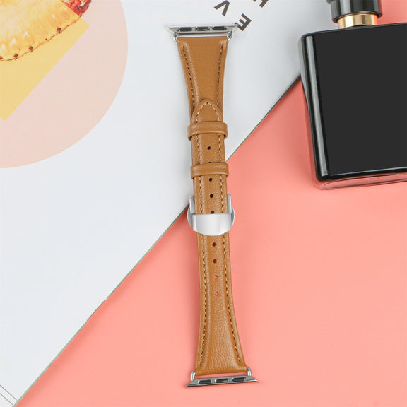 For Apple Watch SE 2023 40mm Plain Leather Butterfly Buckle Watch Band(Brown+Silver)